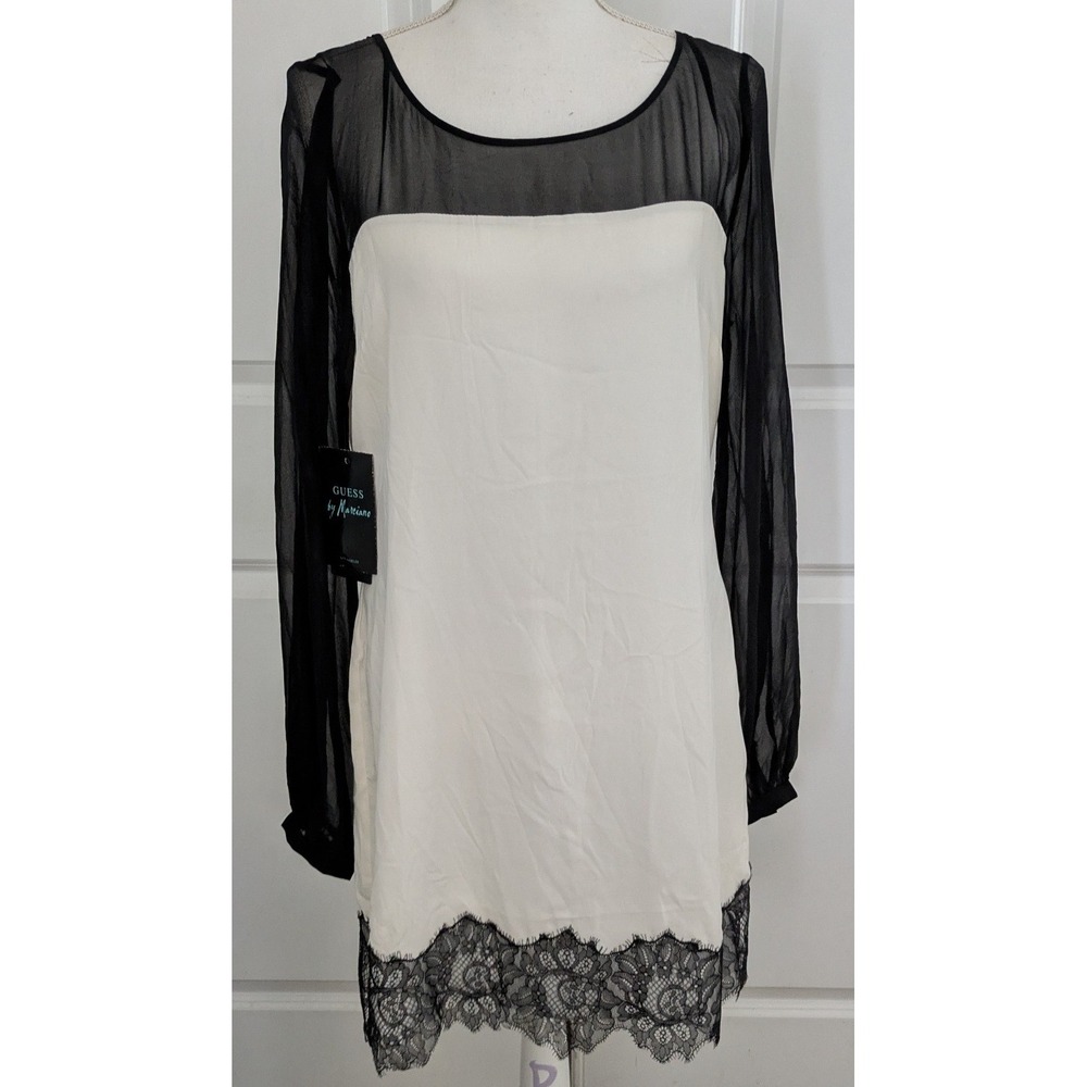 NWT Guess by Marciano Silk Lace Trim Shift Dress Macadamia Black Large
